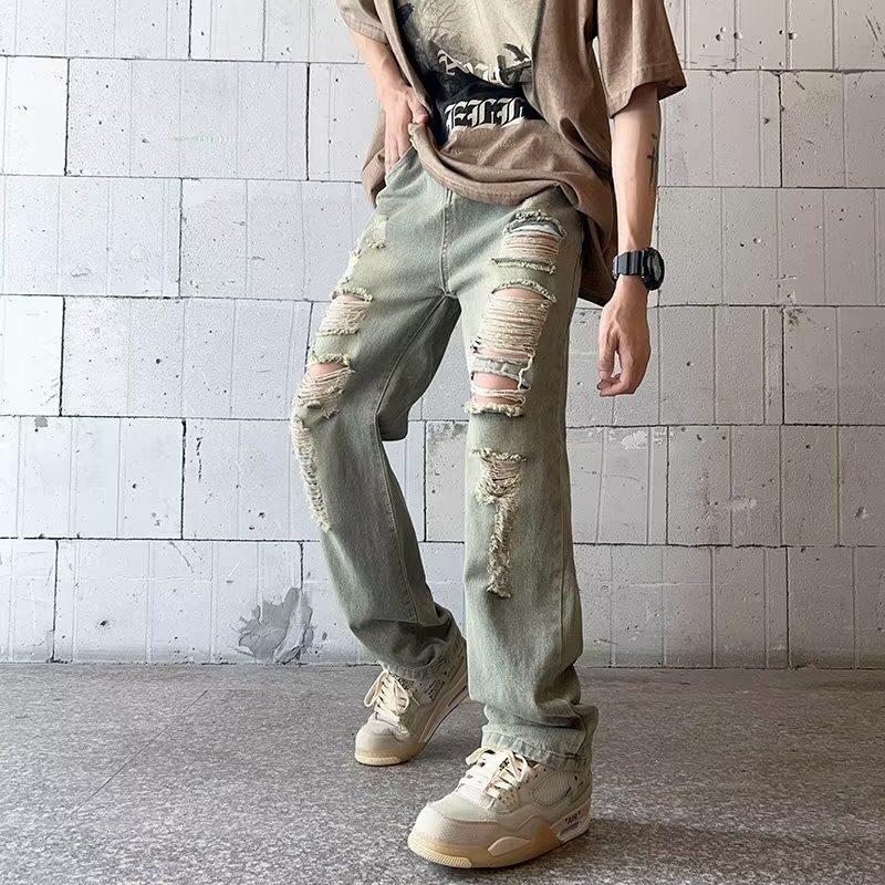 American style pants trendy brand  distressed jeans for men's retro street wide leg long pants mens ripped begger  jeans