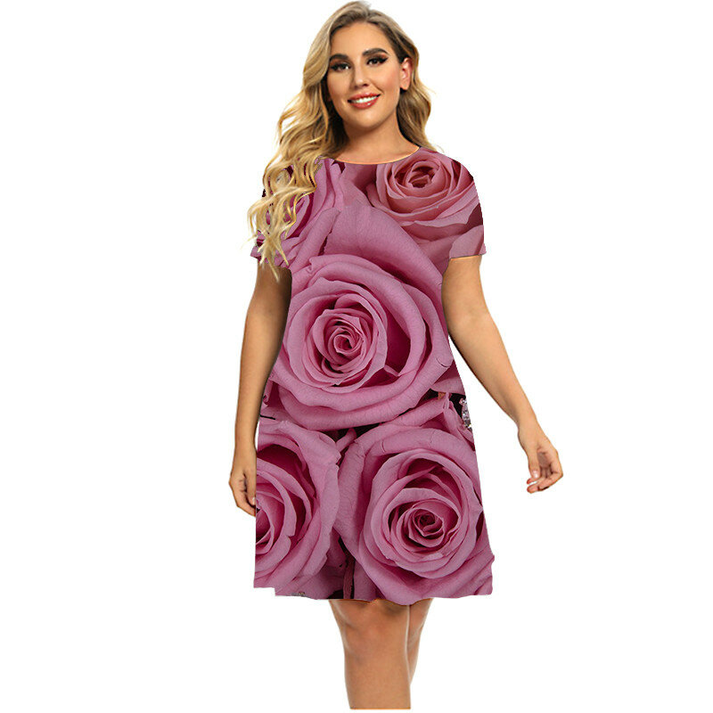 Gaun Gambar Bunga Mawar Merah Muda 3D Wanita 2023 Mode Musim Panas Tema Bunga Gaun Lengan Pendek Streetwear Pakaian Ukuran Plus Longgar