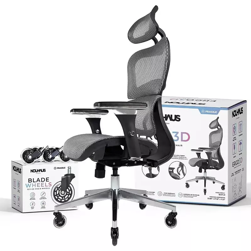 Офисное кресло с регулируемыми подлокотниками 4D, регулируемые подголовники и колеса, сетчатая высокая спинка, стол для дома и офиса и стул (серый)