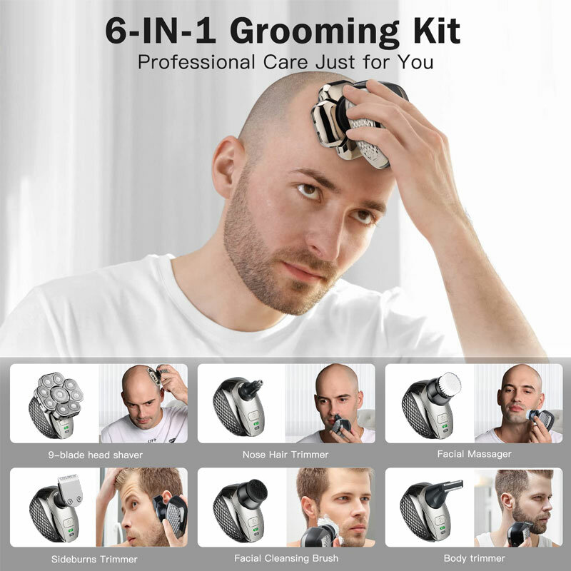 Alat cukur listrik kepala botak pria, 9 pisau mengambang 6 dalam 1 kepala pemangkas rambut telinga hidung jenggot sikat wajah pisau cukur isi ulang