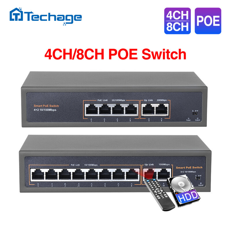 Сетевой POE коммутатор Techage 4CH 8CH 16CH 52V с 10/100 Мбит/с IEEE 802,3 af/at Over Ethernet IP-камера/Беспроводная AP/ CCTV камера