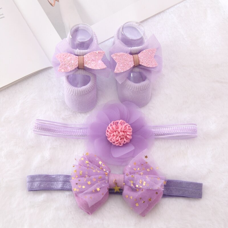 Conjunto de calcetines de diadema para niña de flores, lazos de corona, diademas para recién nacidos, turbante para niña, accesorios para el cabello para bebé, 3 piezas por juego
