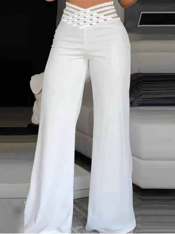 2024New elegante vita alta svasato pantaloni da donna ufficio Casual incrociato maglia trasparente Patch maglia Patch pantaloni Casual abbigliamento donna