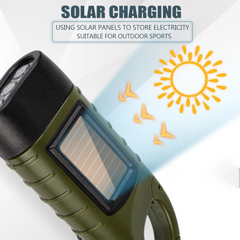 Solar Powered lanterna LED recarregável, manivela, Survival Gear, Self Powered Charging Torch, Dínamo para caminhadas de barco de pesca