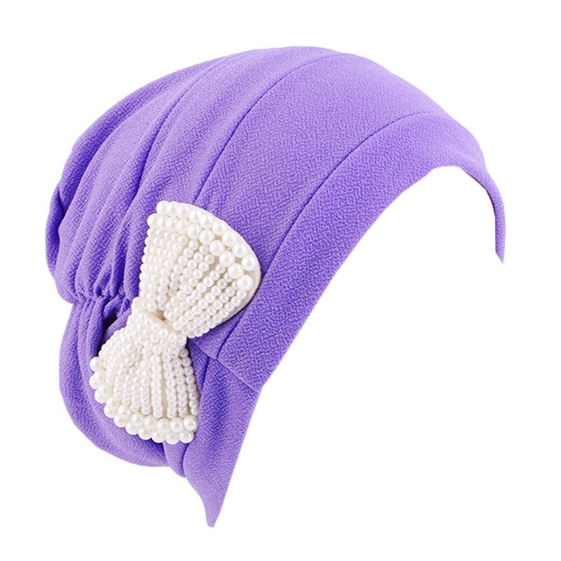 56-58cm Turban Hat Baotou Hat Pearl Bow Women Muslim Stretch Hair Loss Wrap N7YD