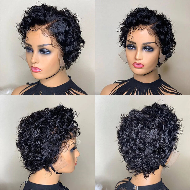 Peluca Frontal de encaje transparente para mujeres negras, cabello humano rizado Pixie, corte Pixie, 180% de densidad, prearrancado, 13x4