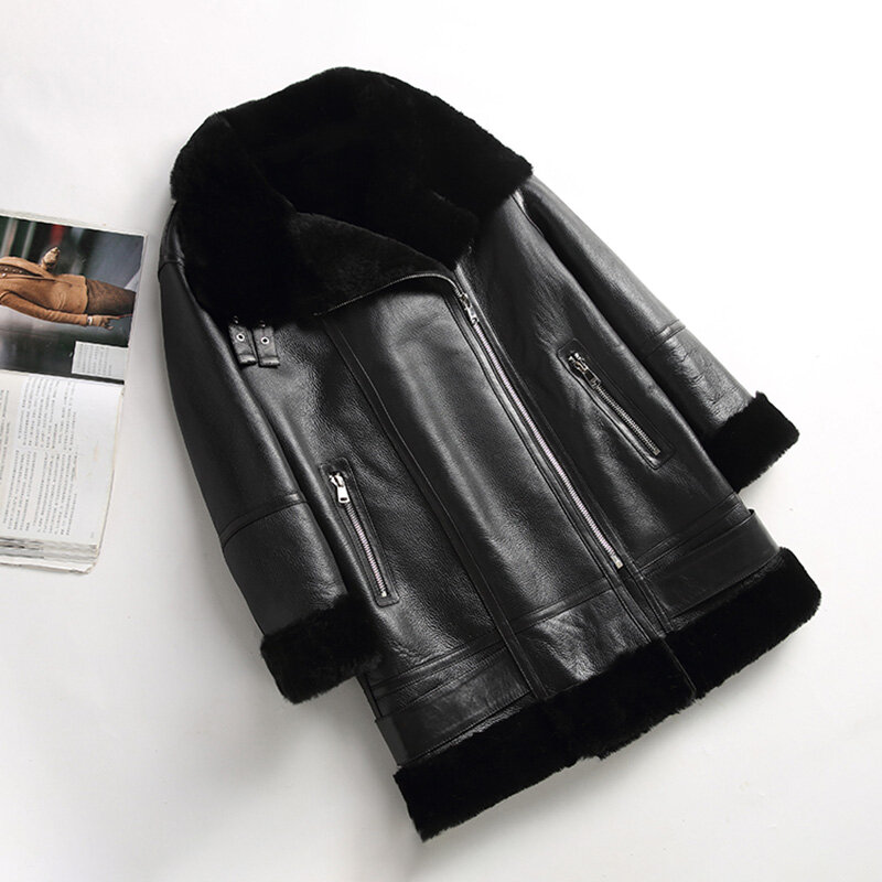2023 зимние женские кожаные куртки, мотоциклетная куртка, пальто из овечьей кожи, теплое пальто на молнии с меховой подкладкой MH3892L