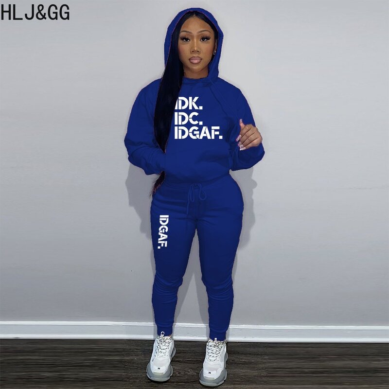 HLJ&GG Autumn Winter Letter Printing Hooded Jogger Pants Sets Women Round Neck Long Sleeve Top + Pants Two Piece Tracksuits 2023