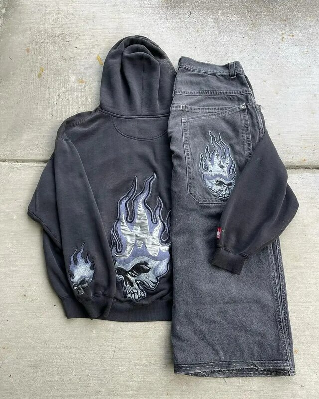 New Y2K Men's Retro Hip-Hop Skull Print Pattern Super Loose Jeans Super Dalian Hoodie Two-Piece Pants Sweatshirt Sportswear