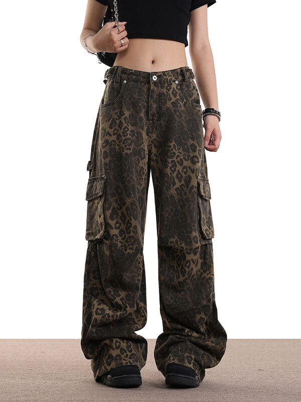 Calças femininas com estampa leopardo, jeans retrô com bolsos múltiplos, calças largas de cintura alta, streetwear casual, moda primavera, Y2K, 2024