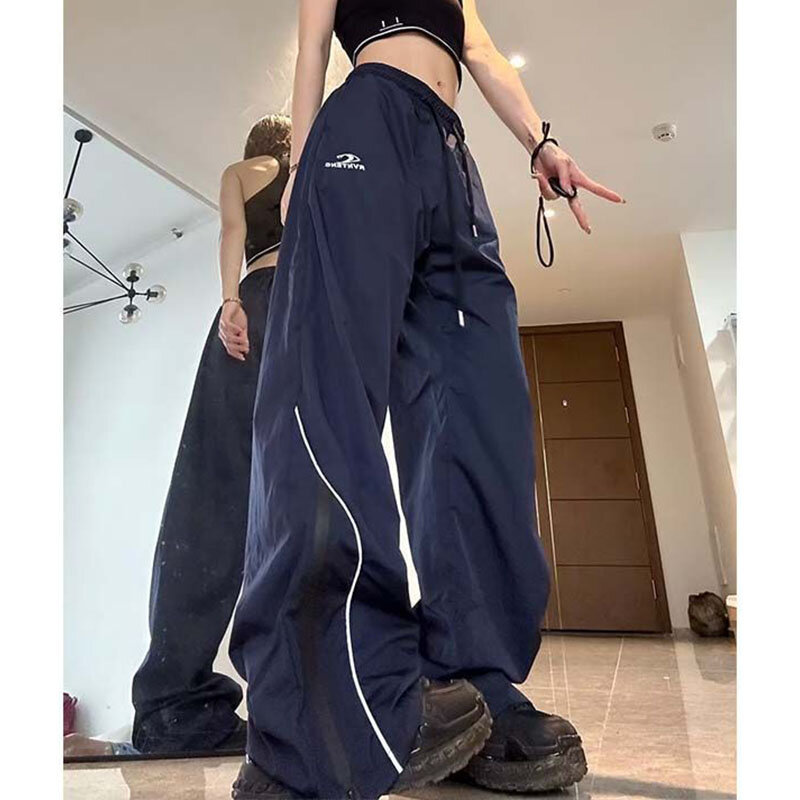 Damskie ubrania Y2K spodnie dresowe Cargo spodnie sportowe letnie cienkie dorywczo spodnie z prostymi nogawkami mopem moda Streetwear sznurkiem