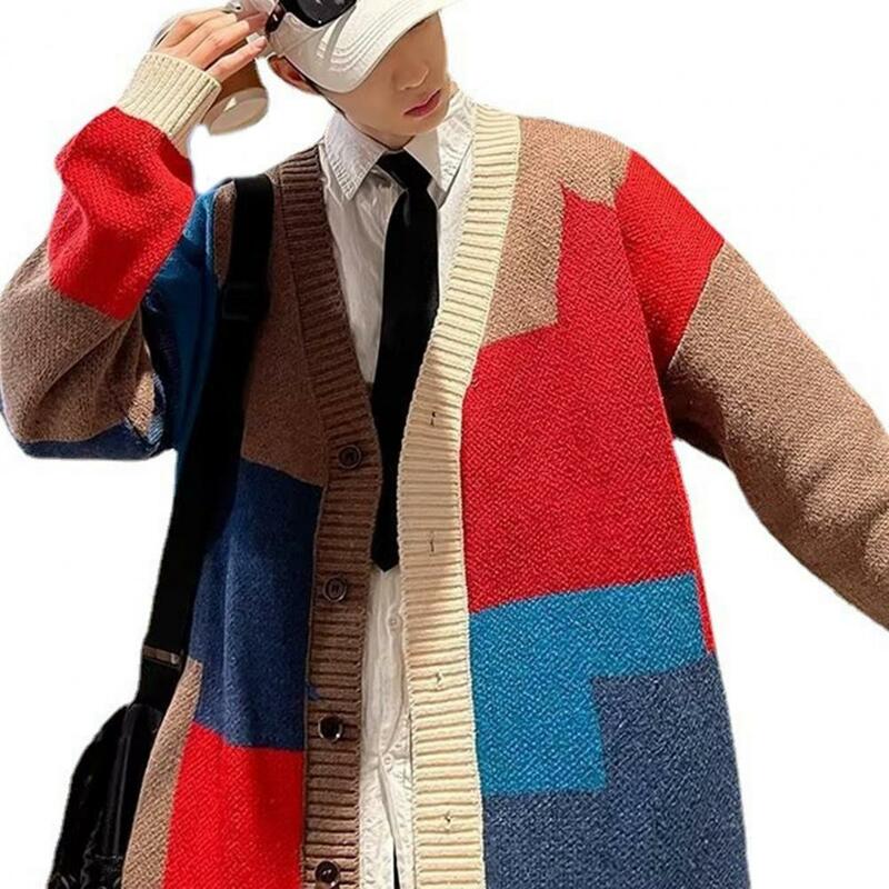 Sweater rajut pria, Sweater rajutan blok warna, mantel hangat panjang sedang