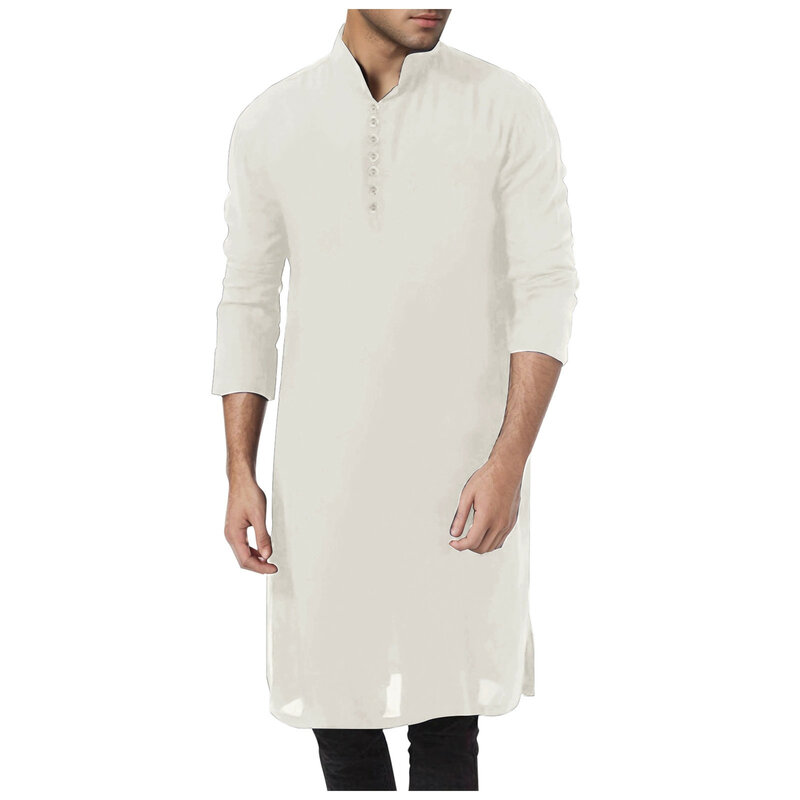 Kaftan jubah Muslim untuk pria, pakaian doa pria gaya etnik, jubah lengan pendek bersirkulasi kasual musim panas