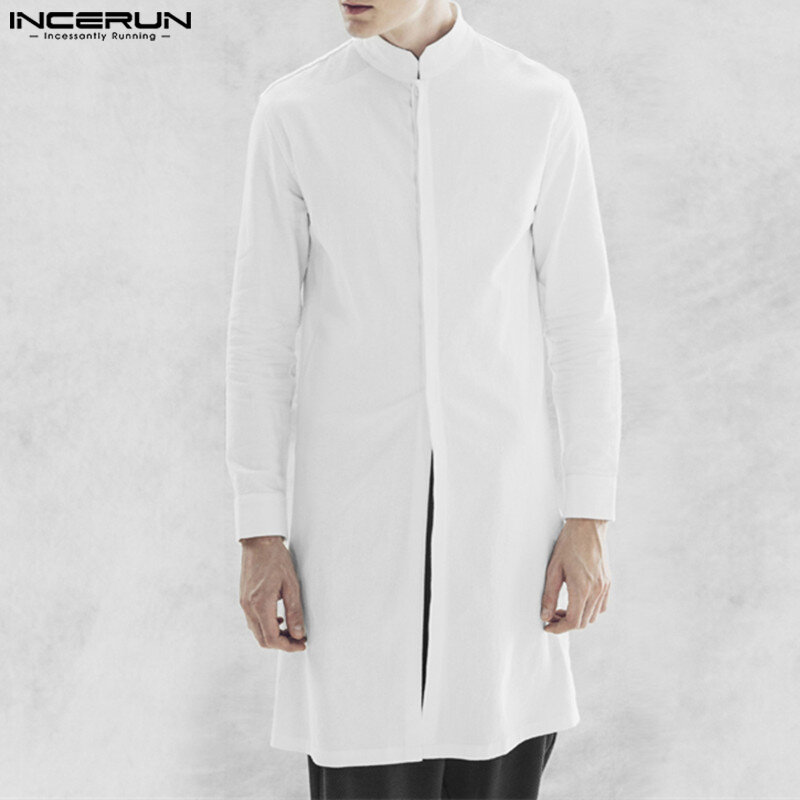 INCERUN-قميص بياقة ثابتة للرجال ، كم طويل ، قمصان إسلامية ، قفطان ملابس الشارع ، ملابس إسلامية وعربية ، S-5XL ، 2023