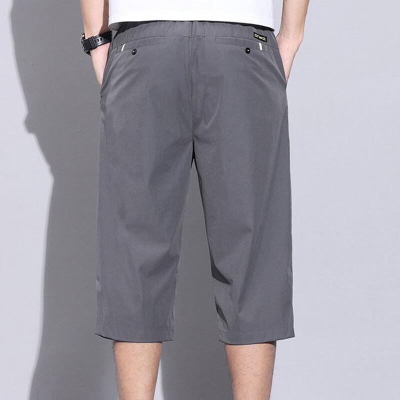 Calça de perna reta masculina, elegante calça recortada com botão, fecho de zíper, bolsos laterais, secagem rápida para uso diário