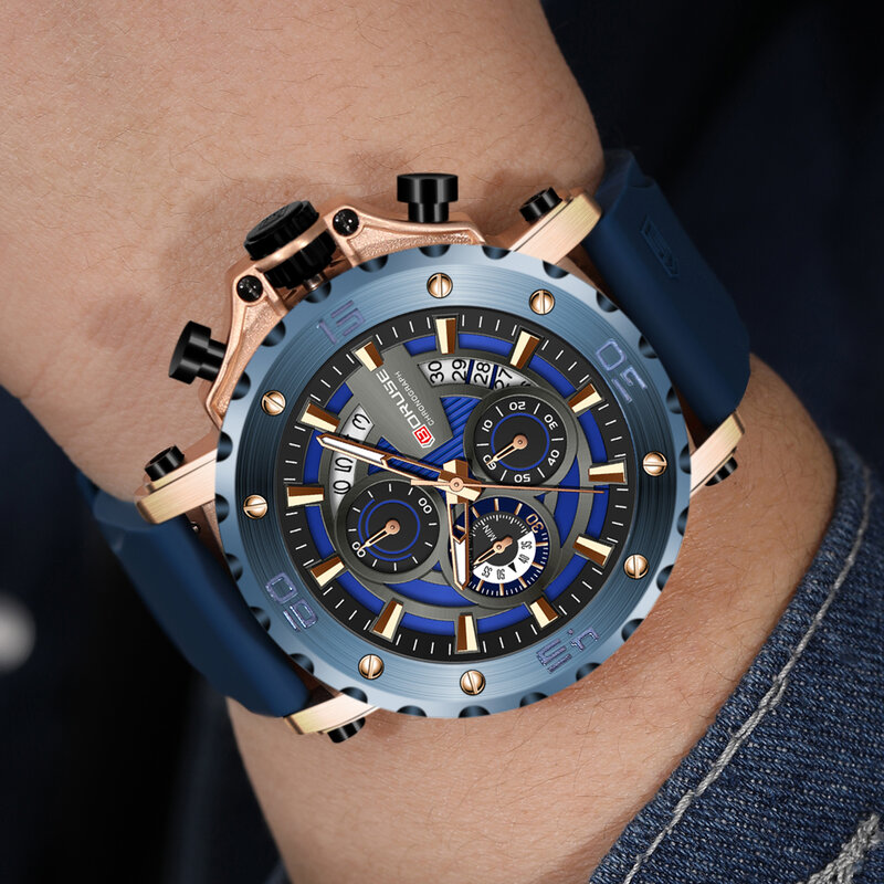 Часы наручные BORUSE Мужские кварцевые, модные брендовые Роскошные водонепроницаемые спортивные светящиеся с хронографом и автоматической датой