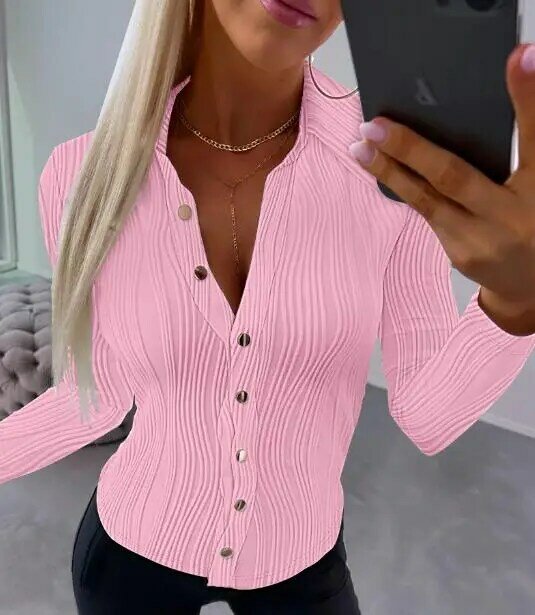 Fashion Blouses 2023 Autumn Casual Shirts Button Design Buttoned Long Sleeve Textured Top Daily Casual Solid Color Shirt