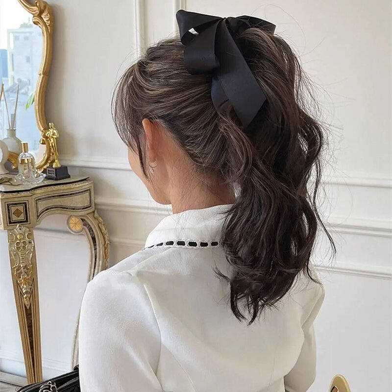 Elegant Bowknot Satin High Ponytail Fixed Ribbon Vertical Clip Girls Hairpin Bow Headwear Korean Style Hair Clip Banana Clip