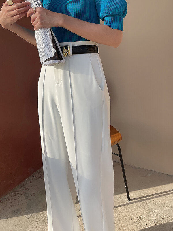 Damskie spodnie z wysokim stanem białe nowe letnie szerokie spodnie jednokolorowa na wypoczynek koreańska moda elegancka biurowe spodnie kobiet 2024