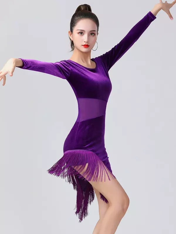 Damski kostium taneczny łaciński damski damski aksamitny frędzel występ na scenie seksowna siatka Splice Cha Cha Samba Dress Dress