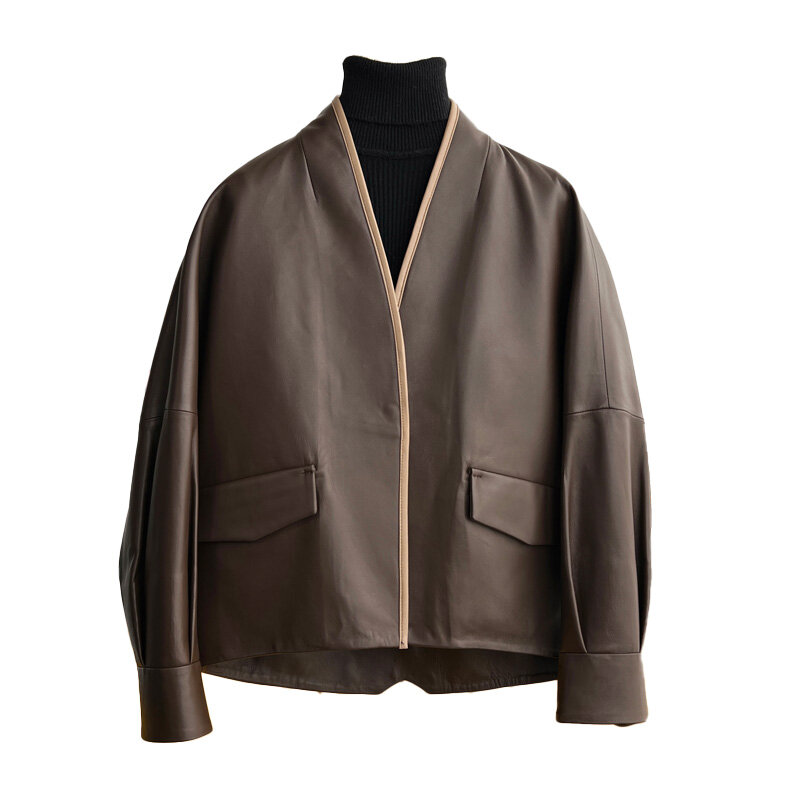 Jaquetas de couro genuíno feminino com decote em v sólido à prova de vento curto casacos moda streetwear elegante 2022 novo outono inverno ael4935