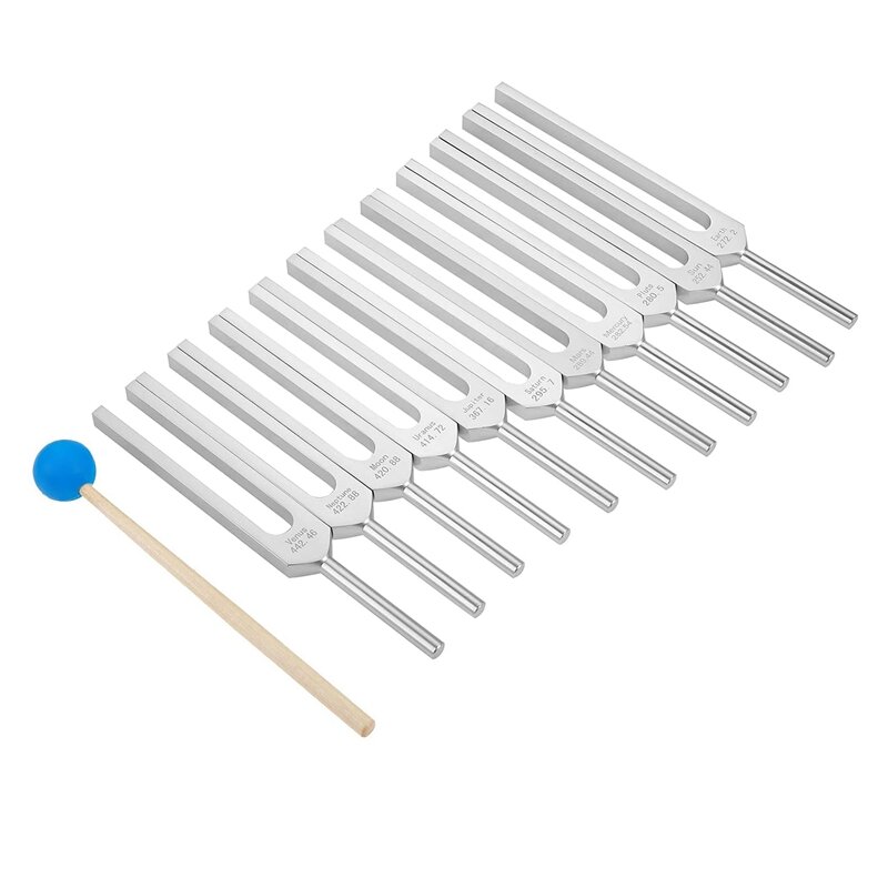 Set garpu Tuning, 11 garpu Tuning untuk penyembuhan, terapi suara, dengan palu silikon kain pembersih dan tas