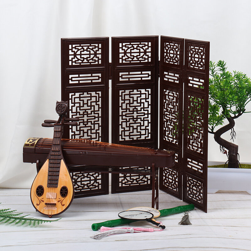 اكسسوارات دمية عتيقة على الطراز الصيني الحلي الدعائم مروحة الشاشة الكلاسيكية Xiao Guzheng اللعب الموسيقية