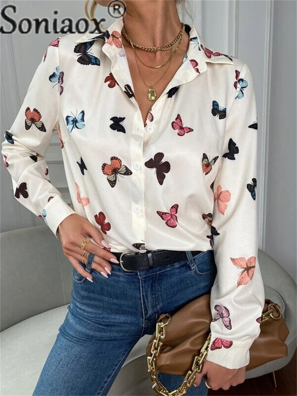 Camisa feminina com gola lapela estampada com borboleta, top de emenda de peito único, manga longa, blusa de viajante solta, moda feminina, outono