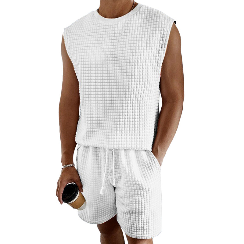 GlaMen-Ensemble de 2 pièces de shorts à col rond en polyester pour homme, haut de sport léger et décontracté, couleur unie, idéal pour l'été