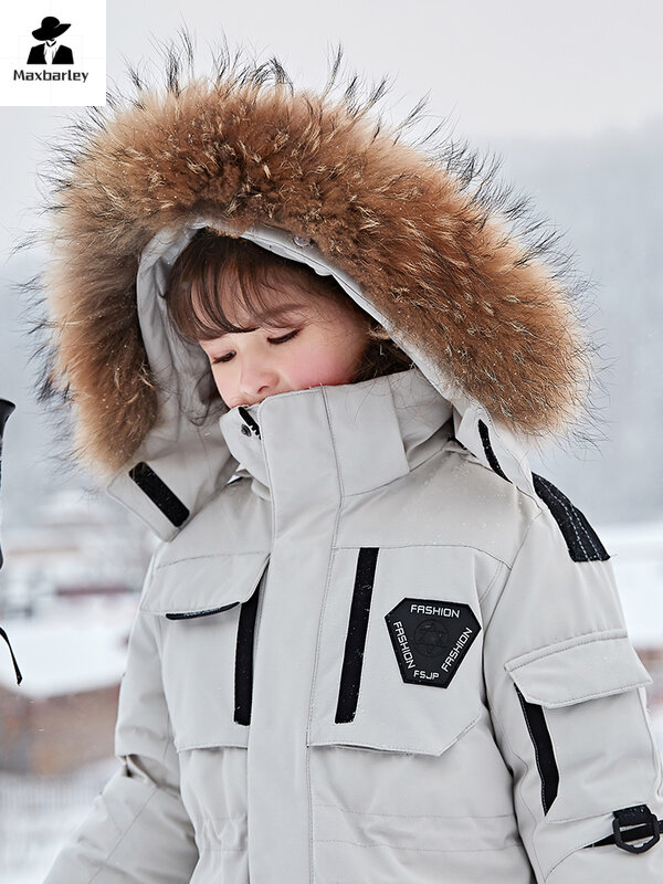 Chaqueta de plumón para niños y niñas, Cuello de piel de invierno con abrigo largo, con capucha, a prueba de viento, de pato blanco, traje de esquí, Parka engrosada