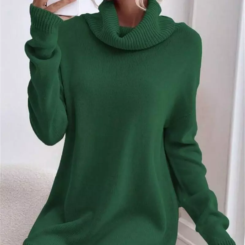 Women’s Dress Autumn and Winter New Solid Color Fashion Loose Turtleneck Knit Sweater Slim Casual Sexy Elegance