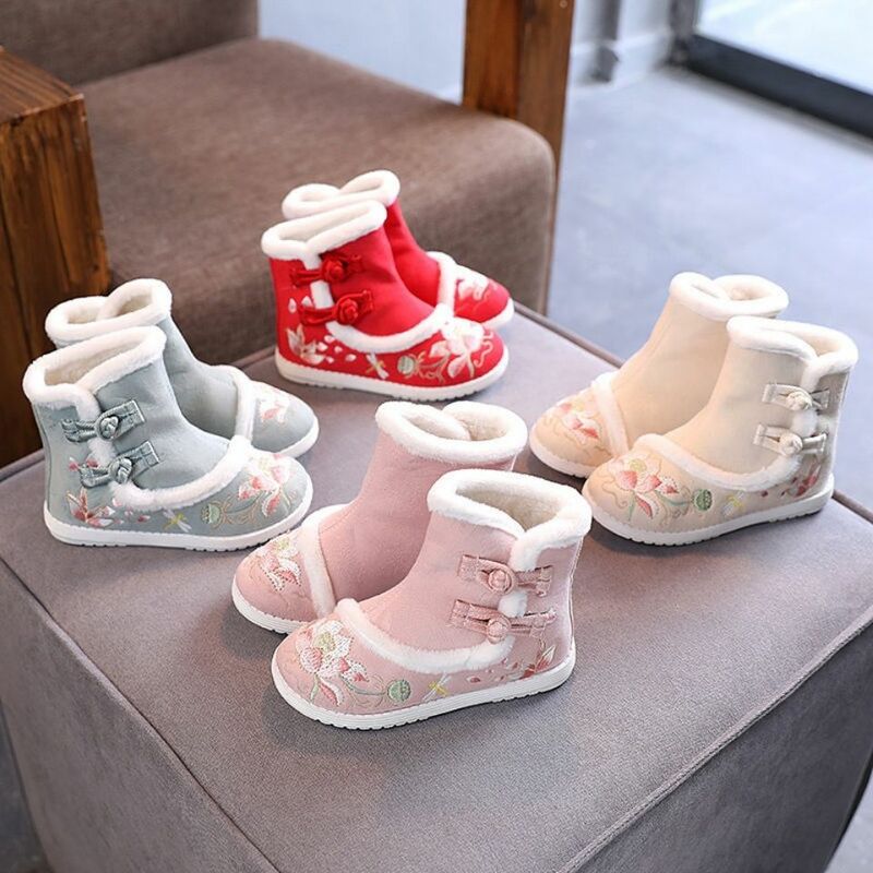 Children's Hanfu shoes plus velvet cotton shoes children's ancient embroidered shoes girls girls costume old Beijing cloth shoes