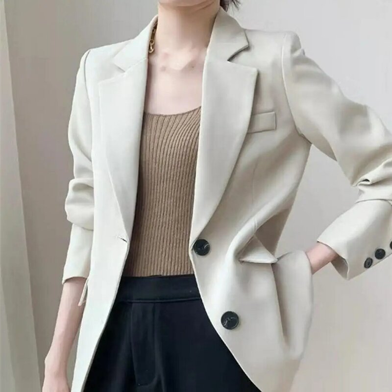 Jaqueta de terno respirável feminina, casaco de negócios, gola virada para baixo, peito único, decoração de botão para escritório, cor sólida, elegante