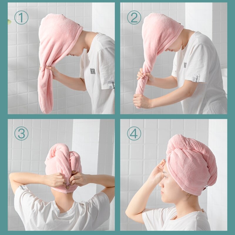 Tampão do cuidado da toalha do cabelo da microfibra com botão para mulheres, envoltório super absorvente da toalha do cabelo, envoltórios rápidos da secagem do cabelo, acessórios do banheiro