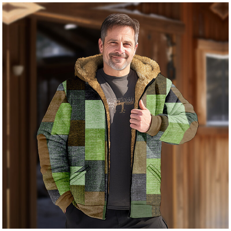 Camisola com zíper de manga comprida estampada casual, capuz xadrez padrão, casaco de algodão grosso, novo, inverno, 2023