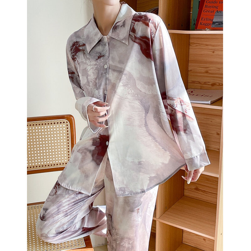 여성용 새틴 잠옷, 긴 소매 라펠 셔츠, 홈웨어, 루즈 캐주얼 잠옷, 섹시한 프린트 잠옷, 라운지웨어, 2024 용수철 여름