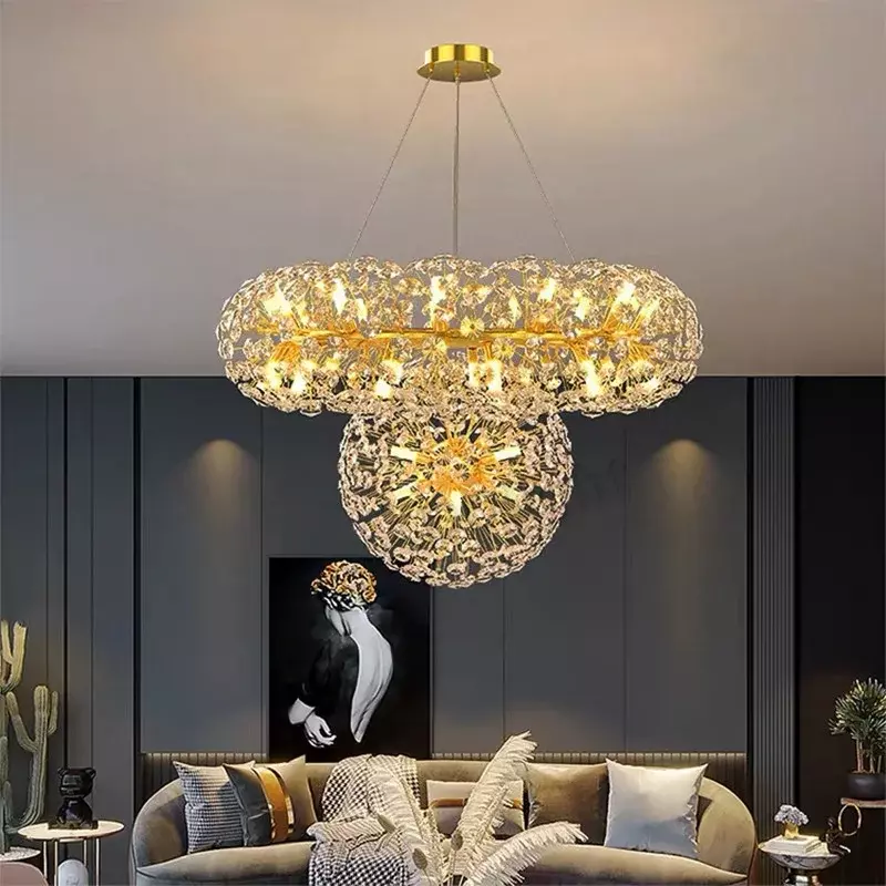 Modern LED Flower Crystal Ceiling Chandeliers Gold Luxury Pendant Lamp Living Dining Room Lustre Circular Hanging Light Decor