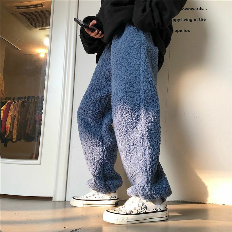 Calça macia de cordeiro grossa quente, Harajuku, perna larga, calça de harém, folgado, casual, calça reta, estilo coreano, inverno