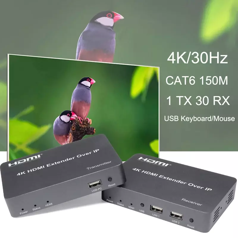 이더넷 케이블 비디오 송신기 및 리시버 지지대 USB 키보드 마우스, 4K HDMI KVM 익스텐더, IP 150m Cat5e Cat6 Rj45