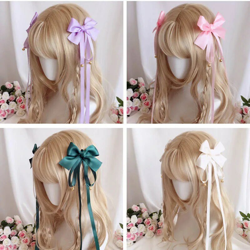 Lolita Long Ribbon Hair Accessories, Arco e Bell Hairpin, Doce e Adorável, cocar, Cosplay, Anime