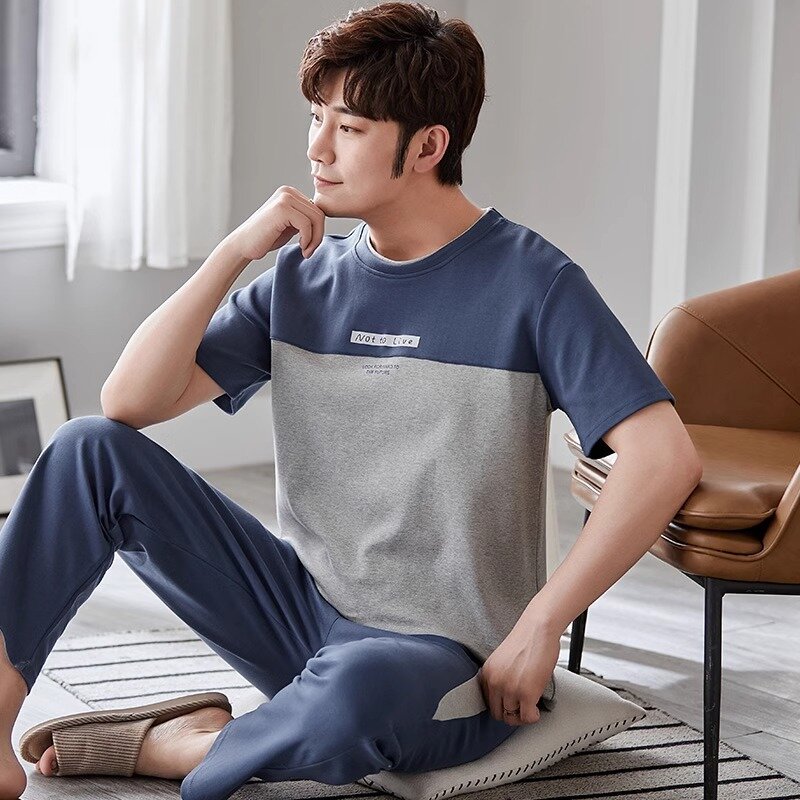 2024 New Men's Summer Cotton Thin Round Neck Pullover Short Sleeve Long pant Two-piece Set Outer Wear Homewear Young Boy Pijamas