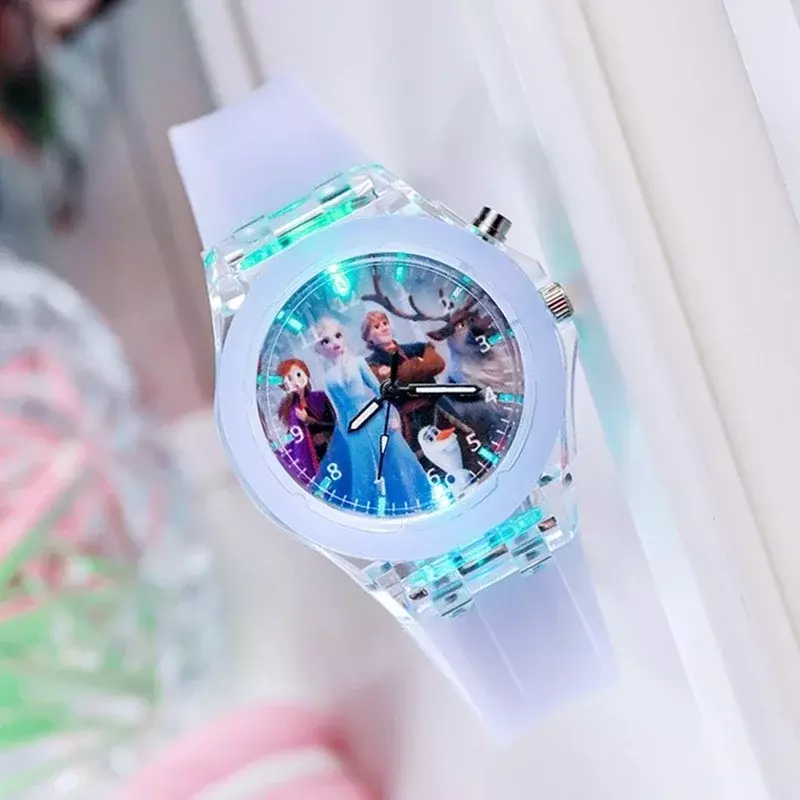 นาฬิกาข้อมือสำหรับเด็กลายเจ้าหญิงน้ำแข็งดิสนีย์ Frozen แฟลชเรืองแสง LED นาฬิกาข้อมือของเล่นแฟชั่นหนังควอตซ์ของขวัญคริสต์มาสสำหรับเด็ก