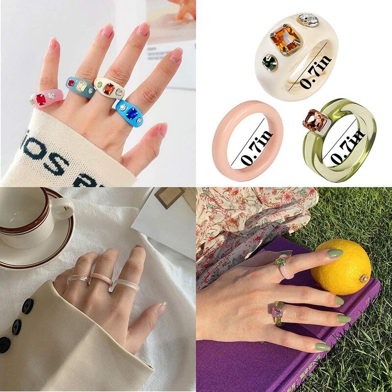 Retail 15 buah cincin Resin akrilik lucu trendi cincin berlian imitasi warna-warni perhiasan plastik persegi permata dapat ditumpuk cincin Chunky