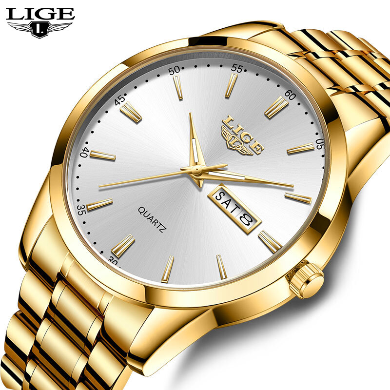 Часы наручные LIGE Мужские кварцевые, модные полностью стальные водонепроницаемые светящиеся Роскошные брендовые, с коробкой