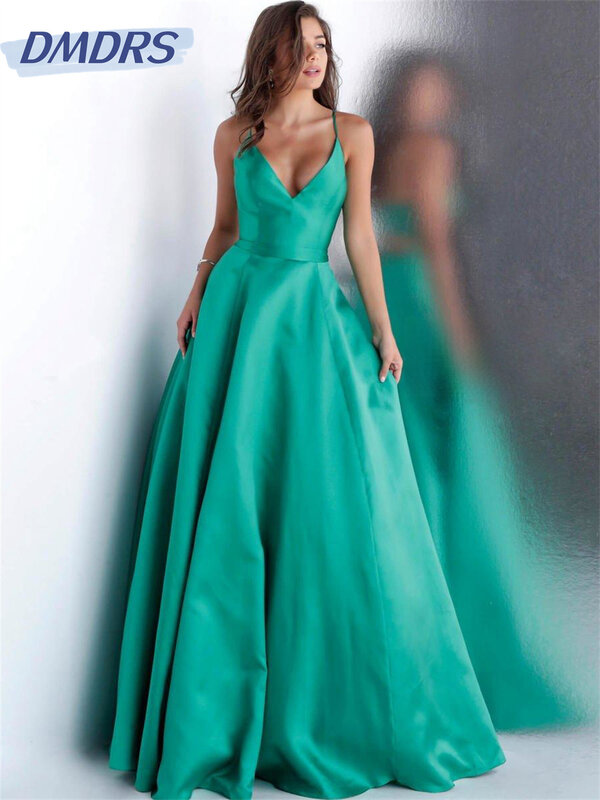 Fashionable Deep v-Neck Tulle Evening Gown 2024 Classic Satin Sleeveless Dress Sexy a-Line Floor-Length Gowns Vestidos De Novia