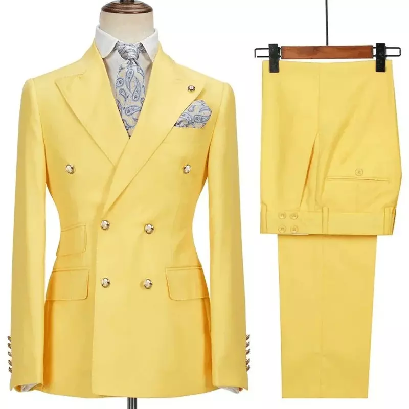 Gelbe Anzüge für Männer Chic Terno Zweireiher Peak Revers elegante Hochzeit komplette Set männliche 2 Stück Jacke Hosen