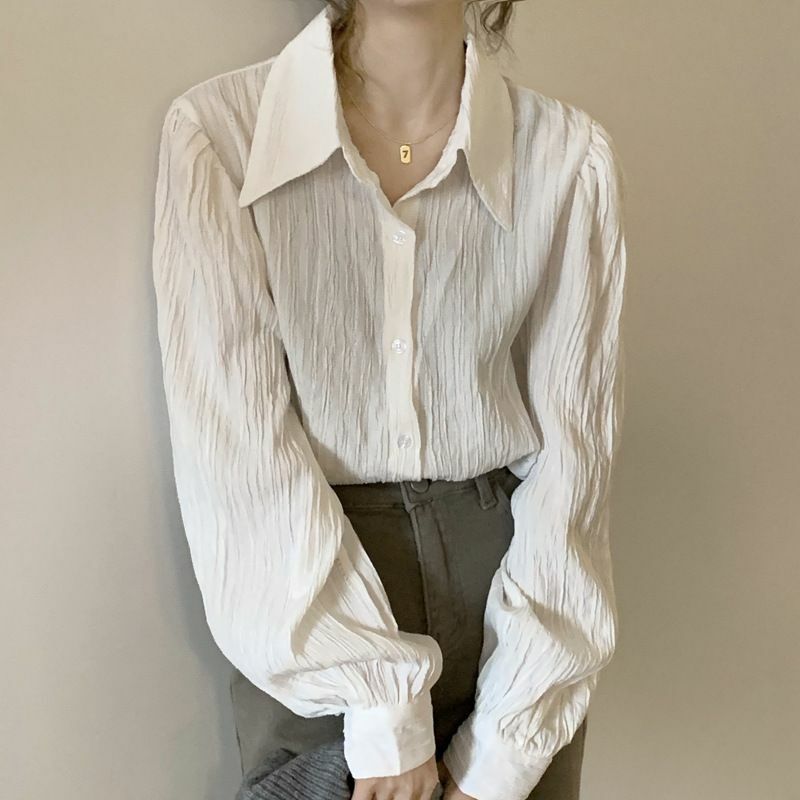 QWEconvex-Chemise vintage élégante à manches longues pour femmes, chemisiers de bureau coréens, chemisiers féminins décontractés, style ancien argent, printemps esthétique