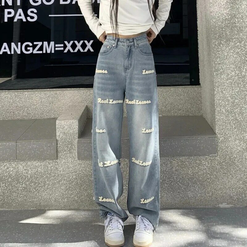 Y2K สีชมพูปักกางเกงยีนส์ผู้หญิงสูงเอวแนวโน้มตรงกางเกงกระโปรง Streetwear Denim กางเกง MODE Korea กางเกงยีนส์สตรี