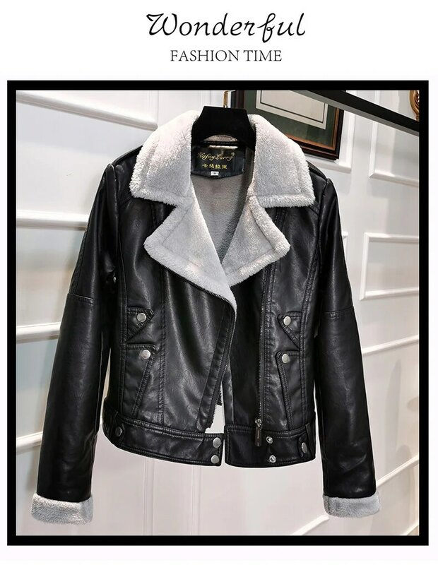 Koreańskiej wersji bawełny wyściełane Pu skórzane damskie krótkie kurtki zimowe 2022 Plus aksamitna wyściełana szczupła kurtka motocyklowa z długim rękawem