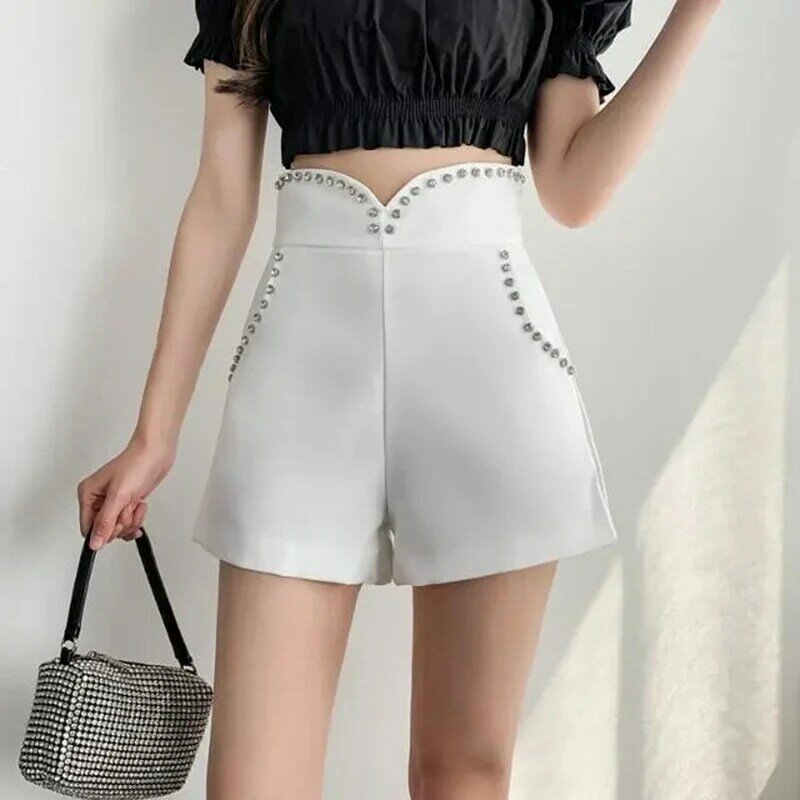 Pantaloncini neri bianchi con strass da donna in stile coreano estivo 2024, pantaloncini a gamba larga a vita alta Slim da donna